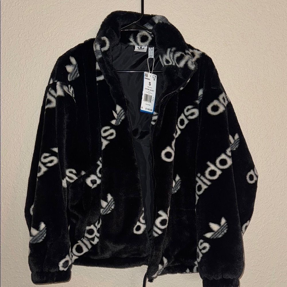 Adidas Black and White Faux Fur Jacket